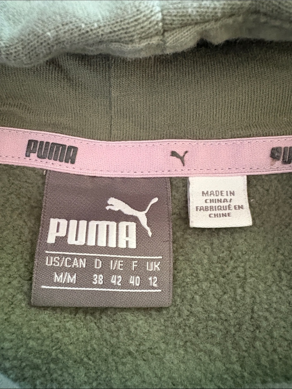 Puma Olive Green Hoodie with Light Pink Puma Logo Size M - Picture 7 of 7